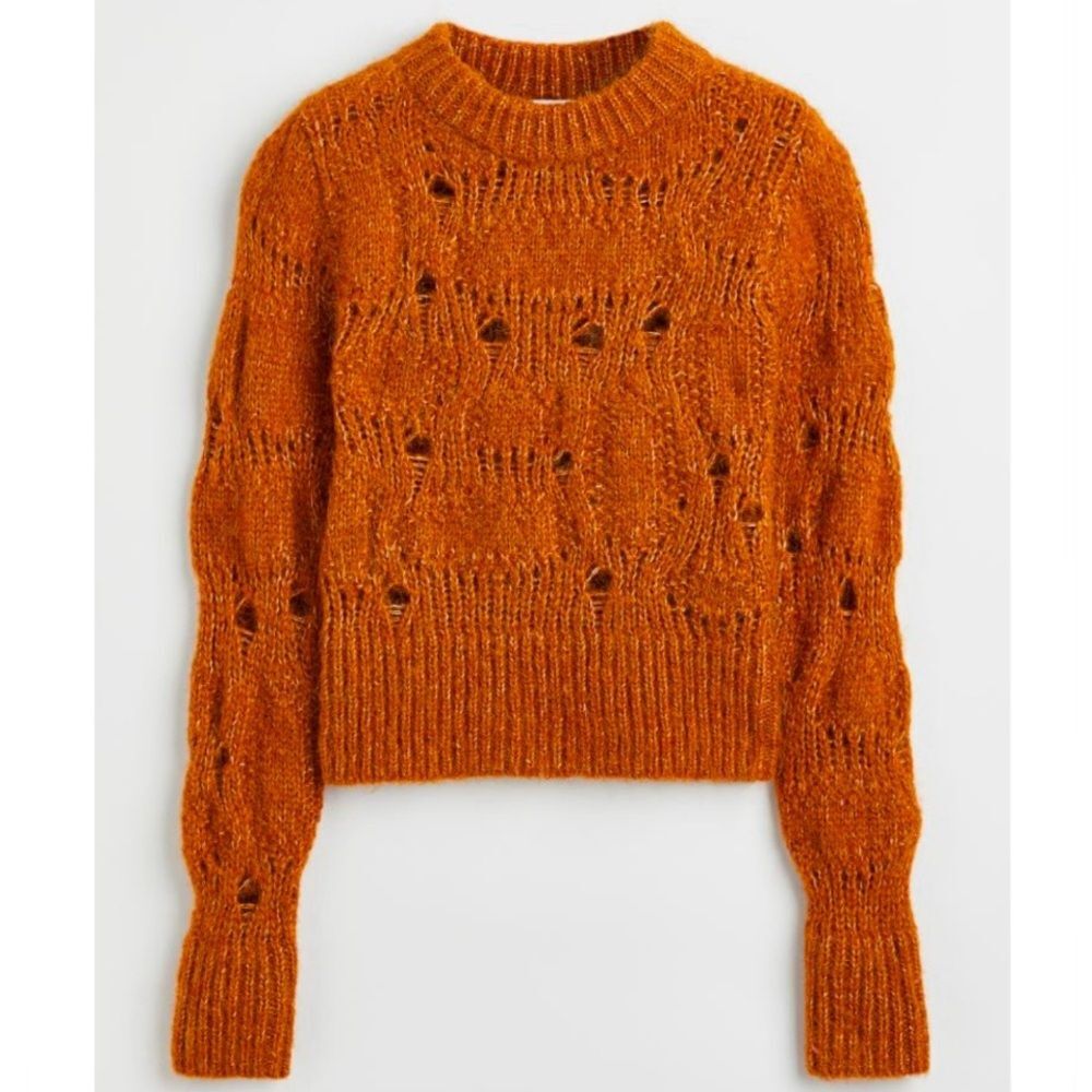H&M Wool Blend Knit Sweater Cropped Crew Neck Rust Orange Ochre Size Small